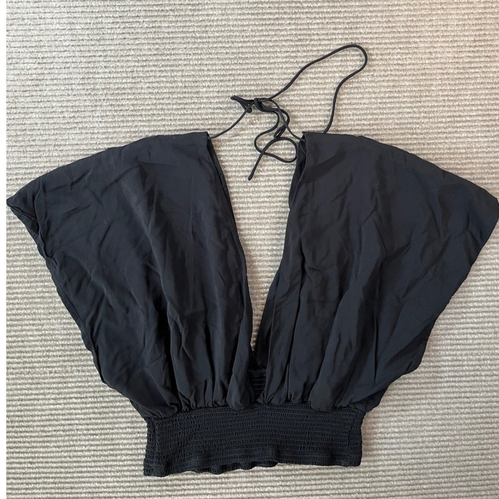 Free People Boho Extratropical Smocked Waist Deep V-Neck Top Black Sz XS